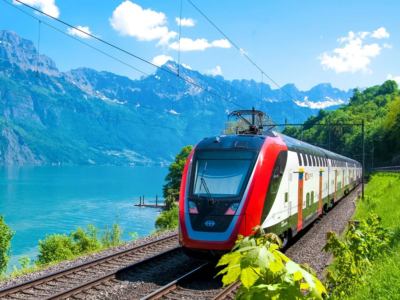 Avrupa tren turu sırasında dağ manzarasında ilerleyen tren